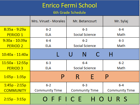 Viruet-Morales, Jennifer M / 6th Grade Schedule